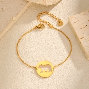 Bracelet Charme Rond Ours Creux en Acier Inoxydable Plaque Or Pendentif Animal Chaine Reglabe Bijoux Mode Pour Femmes