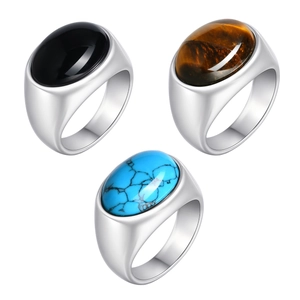 Stainless steel rings set with oval black agate, tiger eye, and turquoise stones