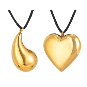 Polished gold hollow teardrop and heart pendant necklaces with black braided cords