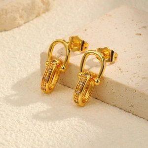 Orecchini a Ferro di Cavallo a Forma di U in Rame Moda Orecchini Pendenti Ovali Geometrici Intarsiati con Strass da Donna