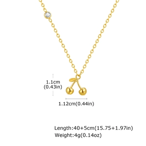 Detailed view of 18K gold plated cherry pendant necklace with zircon and sizing specs