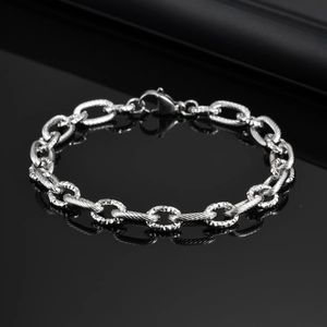 Close-up of interlocking stainless steel chain with textured oval links and lobster clasp