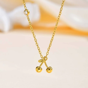 18K gold plated stainless steel cherry pendant necklace with sparkling zircon accent