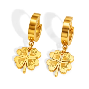 Boucles d'oreilles trèfle à quatre feuilles en acier inoxydable doré à motif rayonnant