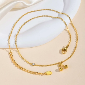 18K gold plated stainless steel necklace featuring zircon stones and cherry pendants