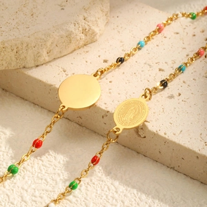 Stainless Steel Guadalupe Virgin Mary Medal Bracelet For Women 18K Gold Plated Colorful Enamel Beads Chain Religious Jewelry