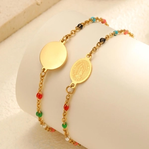 18K gold plated stainless steel bracelet with colorful beads and Virgin Mary pendant