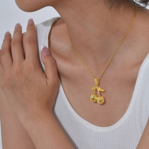 Stainless Steel Cherry Pendant Necklace 18K Gold Plated Mirror Polished Fruit Style Chic Jewelry For Women Girls Gift