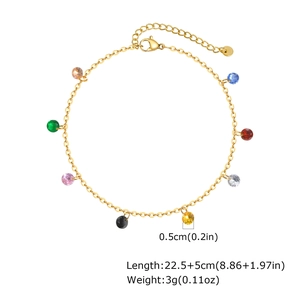 Detail of gold chain with 8 colorful zircon stones showing lobster clasp and extender