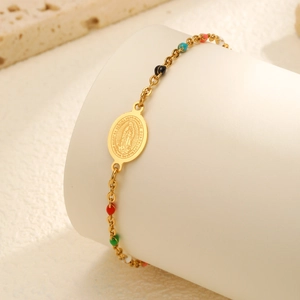 Detail of 18K gold-plated Virgin Mary medal bracelet with colorful seed beads