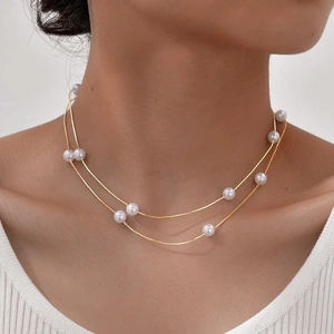 Layered Artificial Pearl Necklace Gold Plated Copper Chain Elegant Geometric Choker For Women Stylish Minimalist Jewelry