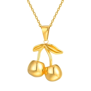 Polished 18K gold stainless steel cherry pendant necklace with a sleek mirror finish
