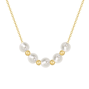 Double-layered copper necklace with five pearls and gold beads on a classic chain