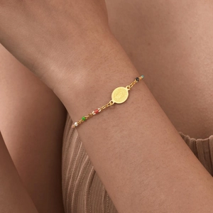 Gold stainless steel Virgin Mary pendant bracelet with colorful seed beads for women