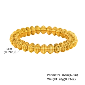 Detail showing 1cm width and 16cm perimeter of the golden stainless steel spring bracelet