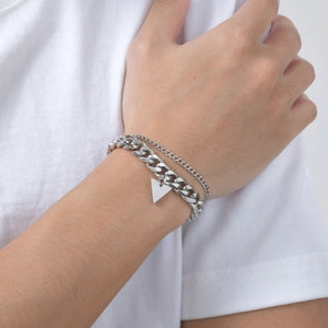Double-layer stainless steel hip-hop bracelet with Cuban chain and triangle pendant