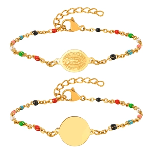 18K gold plated stainless steel bracelet set with colorful beads and Virgin Mary pendant