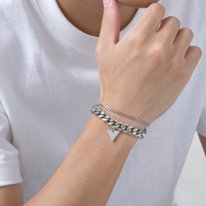 Stainless Steel Double Layer Cuban Chain Bracelet With Triangle Pendant Hip Hop Street Style Silver Color Men Jewelry