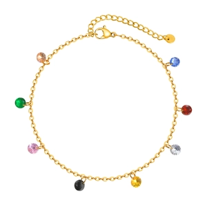 18K gold stainless steel anklet with eight multi-colored round cubic zirconia stones