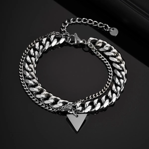 Double-layered stainless steel curb chain bracelet with minimalist triangle pendant