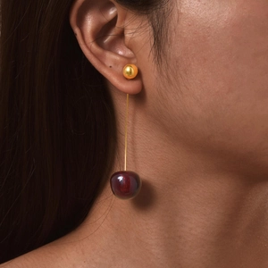 Creative stainless steel cherry drop earrings with red resin charms for women