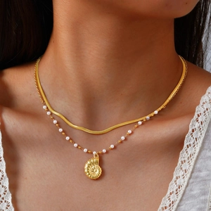 Collier Double Rang En Acier Inoxydable Avec Pendentif Coquillage Et Künstliche Perles Plaqué Or 18 Carats Bijoux De Plage Pour Femmes