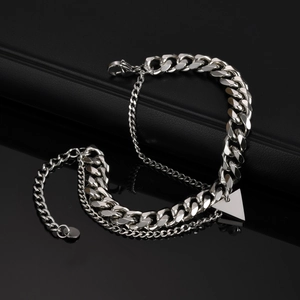 Dual layer stainless steel Cuban chain bracelet with geometric triangle pendant for men
