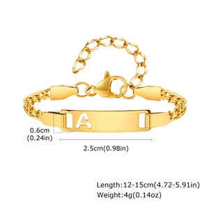 Detail view of 18k gold plated stainless steel ID bracelet with hollow letter A pendant