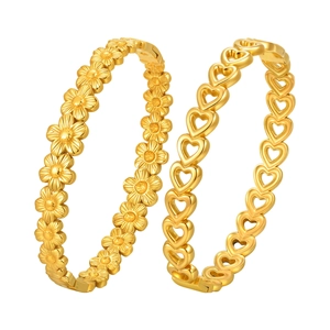 18K gold plated stainless steel hollow heart and daisy floral bangle set for women