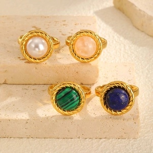 Bague Ouverte Réglable Vintage Acier Inoxydable Plaqué Or Pierre Naturelle Ovale Lapis Malachite Imitation Künstliche Perle Bijoux Femme