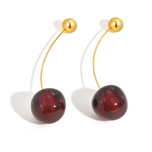 Creative cherry earrings in gold and deep red resin, minimalist fruit style for women