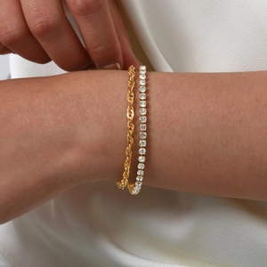 Layered 18K gold twisted chain and sparkling cubic zirconia tennis bracelet for women