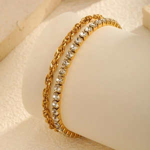 18K gold plated double layer bracelet with braided chain and white zircon accents