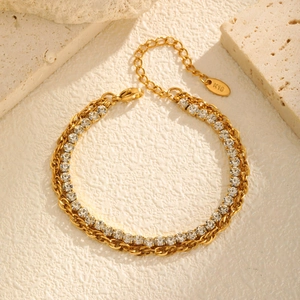 18K Gold Plated Stainless Steel Double Layer Bracelet For Women Elegant Twisted Rope Chain White Zirconia Inlaid Jewelry