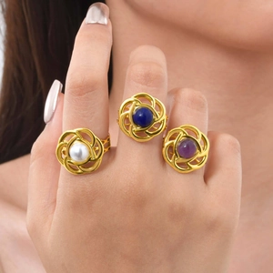 Anello Aperto Fiore Acciaio Inossidabile Placcato Oro 18K Finta Perla Artificial Cristallo Lapislazzuli Gioielli Vintage Regolabili Donna