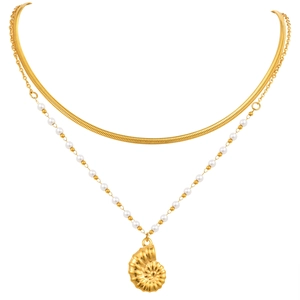 Collier double rang plaqué or 18 carats avec pendentif coquillage et perles