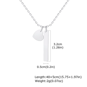 Silver stainless steel bar and heart pendant necklace with dimensions and chain length