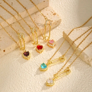 18K gold plated cross chain necklaces with heart-shaped zircon and safety pin charms