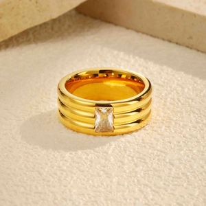 Macro view of gold plated wide band ring featuring triple layered texture and zircon