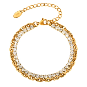 18K gold-plated double-layer bracelet with braided chain and clear cubic zirconia stones
