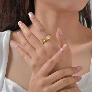 Three-layer gold-plated stainless steel ring with a rectangular white zircon stone