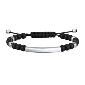 Men's matte black onyx beads bracelet with curved silver metal bar and adjustable cord