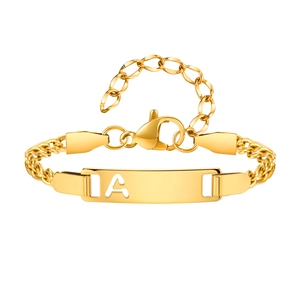 Gold plated stainless steel bracelet with hollow letter A bar and adjustable chain