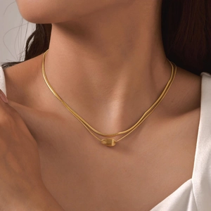 Double Layer Stainless Steel Necklace For Women 18K Gold Plated Teardrop Pendant Snake Chain Layered Choker Jewelry Gift
