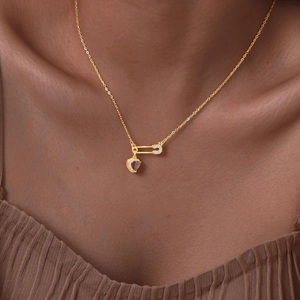 18K gold plated paperclip pin necklace featuring a sparkling purple heart zircon pendant