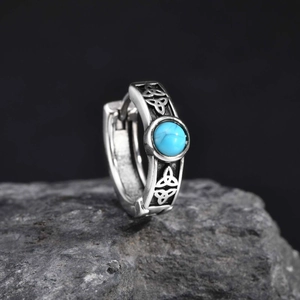 Men's vintage stainless steel hoop earring with Celtic knot and turquoise stone inlay