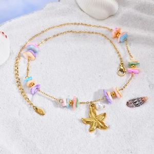 Detail of gold starfish pendant with white pearl on colorful shell bead necklace