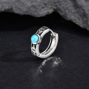 Vintage silver stainless steel hoop earring with Celtic knot and turquoise stone inlay