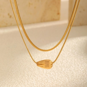 Double-layered 18K gold plated stainless steel necklace with textured teardrop pendant