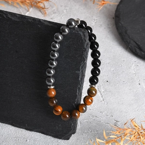 Men's natural tiger eye and obsidian beaded bracelet with hematite stones and silver spacers